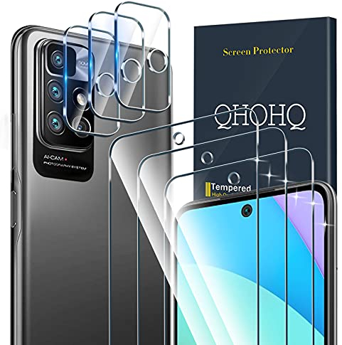 QHOHQ 3 Stück Panzer Schutz Glas Schutzfolie für Xiaomi Redmi 10 ＆ Redmi 10 Prime (Not fit Redmi Note 10) mit 3 Stück Kamera Schutzfolie, 9H Härte, Ultra-HD, Anti-Kratz, Einfach Installieren