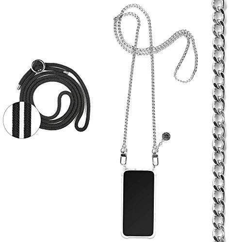 Jalouza Handykette, Kordel & Hülle Bundle kompatibel mit iPhone 12 & 12 Pro - Gliederkette in Silber und Kordel in Farbe Schwarz-Silber Plus Handyhülle zum umhängen