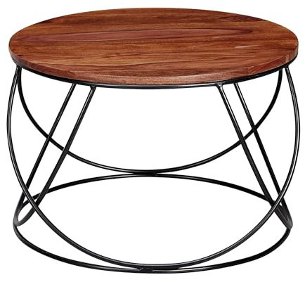Wohnling Couchtisch Sheesham Massivholz/Metall 60 x 40 x 60 cm, Wohnzimmertisch Rund Massiv Braun, Sofatisch Modern Holztisch, Tisch Wohnzimmer Industrial