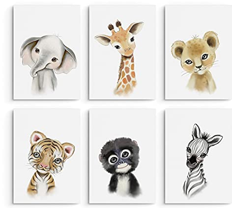 Hambient Poster Kinderzimmer - Bilder Babyzimmer Deko, Junge, Mädchen - Wandbilder, Kinderposter, Dekoration - 6er Bild Set (21 x 30 cm - Ohne Rahmen, Tiere Afrika Niedlich)