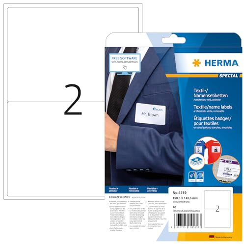 HERMA Self Adhesive Clothing Labels, 2 Labels per A4 Sheet, 640 Sheets, 199.6 x 143.5 mm, 1280 Labels, Blank Removable Name Labels Stickers, Sticky Textile Labels for Laser & Inkjet Printer, White