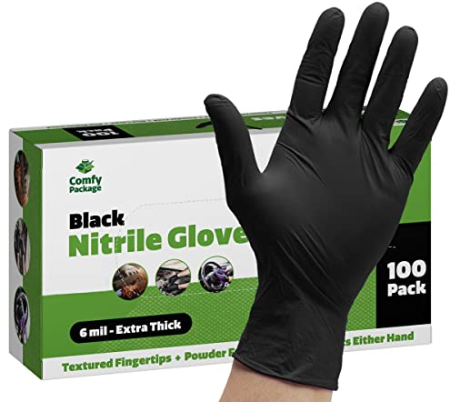 Comfy Package [100 unidades Guantes de nitrilo negros desechables, sin látex, de 6 Mil de fuerza extra, sin polvo, resistentes a productos químicos, con puntas texturizadas - Talla grande.