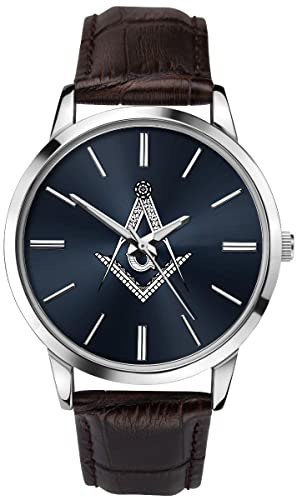 Sekonda Herren-Armbanduhr Freimaurer, analog, Quarz, blaues Zifferblatt, braunes Lederarmband 90093