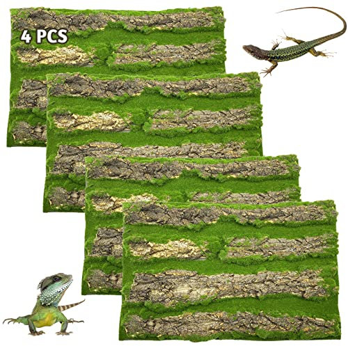 PINVNBY Reptile Terrarium Cork Background, Bearded Dragon Tank Bark Backdrop Wall Decor with Artificial Moss for Gecko Lizard Tortoise Frog Chameleon(4 Pack)