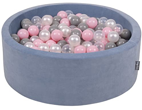 KiddyMoon Rund Bällebad Velvet Bällepool 90X30cm/200 Bälle ∅ 7Cm Ballgruben Für Babys Spielbad Kleinkinder, Hergestellt In EU, Eisblau: Perle/Grau/Transparent/Rosa