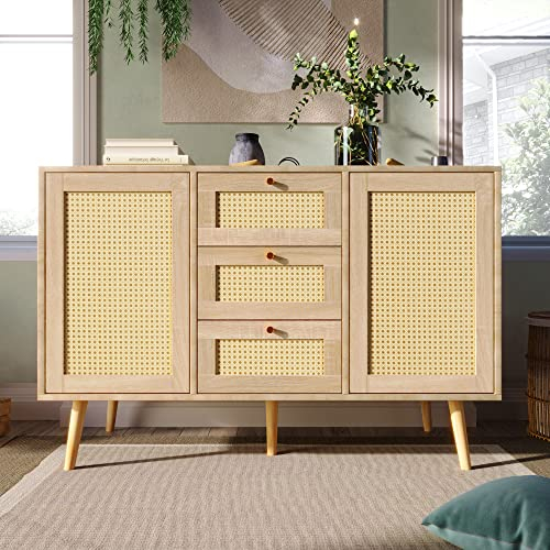 Merax Kommode mit 3 Schubladen und 2 Türen, Schubladenkommode mit Verstellbare Ablage, für Schlafzimmer & Wohnräume & Büro, Sideboard Highboard mit viel Stauraum, Eiche Rattan, 120 x 40 x 82cm