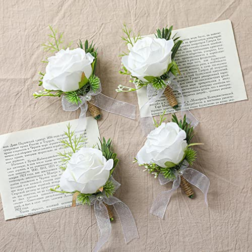 4Pcs White Artificial Rose Boutonniere for Men Wedding Prom Ceremony Decor