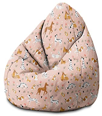 DreamRoots Sitzsack Kinder mit füllung - Bodenkissen - Kinderzimmer 70 x x 105 cm - Bean Bag - Bubibag - Kindersitzsack - Sitzkissen Boden, Pink Cartoon Dogs