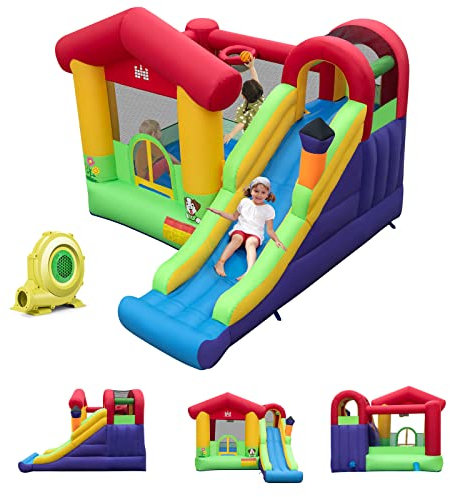 GOPLUS Château Gonflable avec Souffleur 680W pour 2 Enfants de 3-10 Ans,Zone de Saut,Toboggan, Mur d'escalade,Panier de Basket325x290x205 cm (Maison Rouge, avec Souffleur 680W)