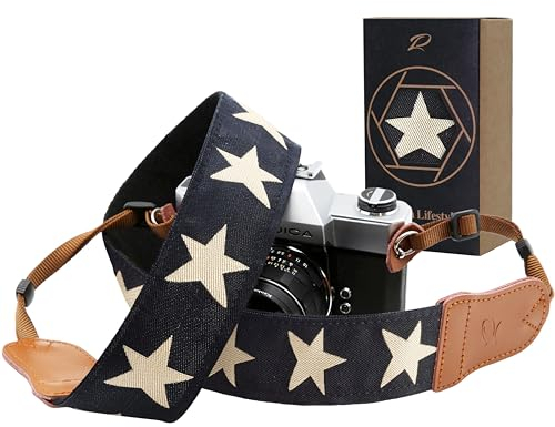 Padwa Lifestyle Camera Strap - 2 Wide Cowhide Head Cotton Camera Straps for Photographers,Vintage Universal Neck & Shoulder Camera Straps for All DSLR Cameras(Pentagram Embroidered)