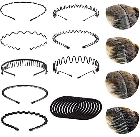 Bandeaux en Métal, 8 PCS Multi-Style Noir Antidérapant Métal Cerceau de serré tête, Bandeaux Ondulés Élastique, pour le Sport, le Fitness, le Maquillage Quotidien (Dix Cordes à Cheveux Gratuites)