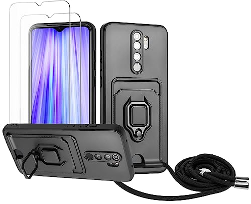 Zallagre Handykette Hülle kompatibel mit Redmi Note 8 Pro.[2 Stück] Schutzfolie Glas,Kameraschutz,360 Grad Ringhalter Stand,Kartenfach,Silikon hülle-Schwarz