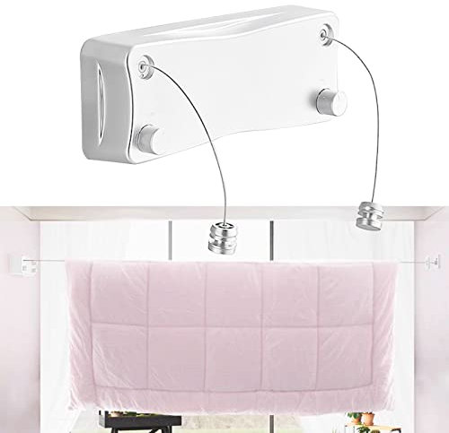 Corde à linge rétractable - 2 x 5,2 m - En acier inoxydable - Double rétractable - Pour extérieur et intérieur - Gain de place - Pour salle de bain, balcon