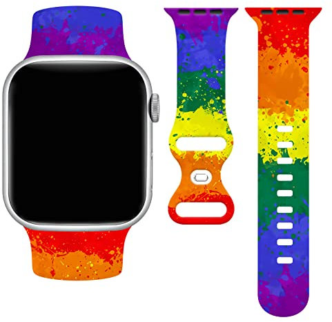 LGBT Watch Series 7 Iwatch Band Compatible With Apple Watch 38mm 40mm 41mm, Rainbow Splash Pride Flag Wristbands Rubber Soft Silicone Strap Adjustable Replacement for Series 9/8/7/6/5/SE For Women Men