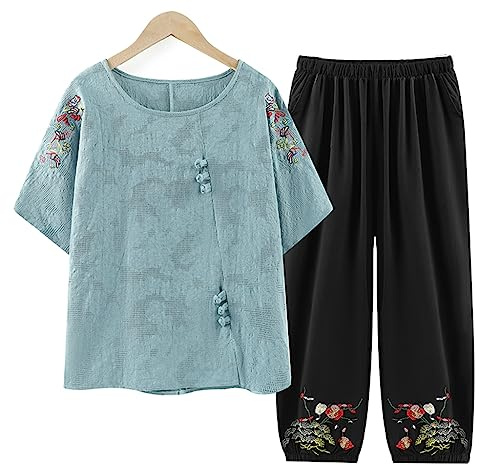 QPZK Las mujeres Tang Traje Hanfu Chino Ropa Tradicional, Adultos Mayores Tai Chi Uniforme para Mujeres Artes Marciales Kung Fu Ropa Manga Corta Abrigo y Pantalones Azul-5XL