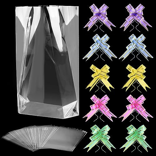 100 Stück Cellophantüten Klar 20 x 30 cm Transparente Zellophanbeutel Süßigkeiten Tüten mit 100 Pull Bögen Klare Flache Cello Cellophan Taschen für Süßes Geschenk Cupcake Spielzeug Gastgeschenke