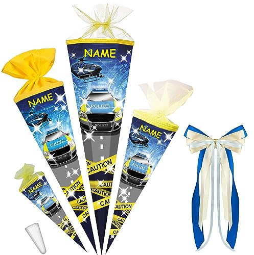 alles-meine.de GmbH Schultüte - mit 3D Glitzer - Effekt ! Polizei Auto & Helikopter 35-85 cm Größe wählbar inkl. Name - + Kunstoff Spitze + Schleife - Tüllabschluß/Fi..