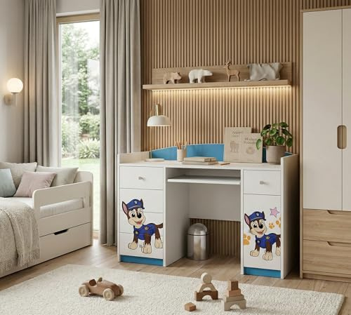 Happy Babies Schreibtisch mit Schubladen Bürotisch für Kinderzimmer Computertisch mit Tastaturablage Kinderschreibtisch mit Stauraum 125x89x60 Polizeihund
