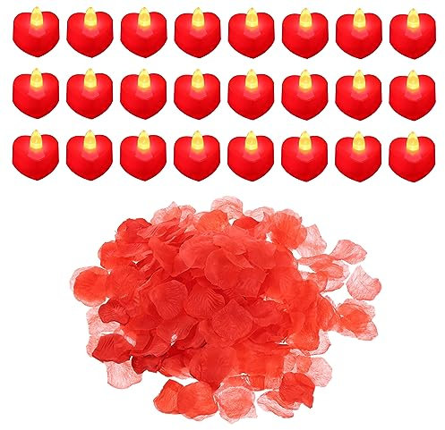 sourcing map Heart Shaped LED Candles Flameless LED Tea Light Candle Red Light with Artificial Red Rose Petals for Romantic Night Valentine's Day Anniversary Wedding Birthday, 24 Pack