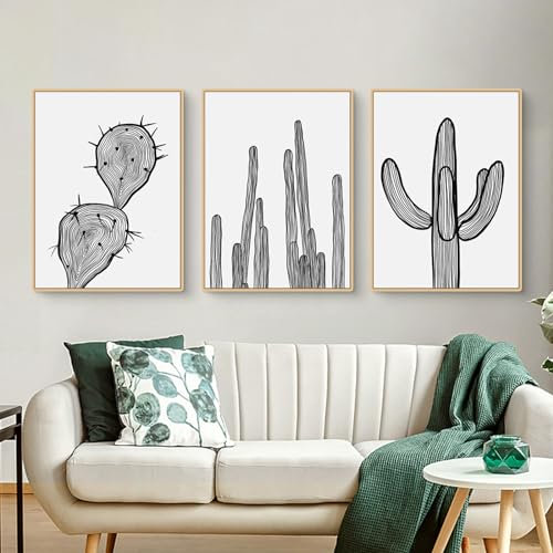 Uixxducc Poster Set Wandbilder, 3 Stück Modern Schwarz Weiß Kaktus Sukkulenten Bilder Poster & Kunstdrucke, Wanddekoration Wohnzimmer & Schlafzimmer, Ohne Bilderrahmen (ABC,30x40cm)