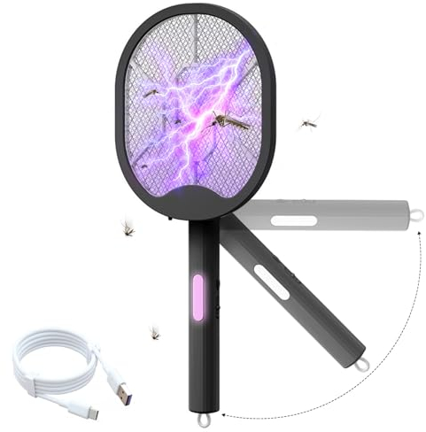 Raquette Electrique Insectes Rechargeable, Raquette Moustique Electrique USB C, Anti Moustique Interieur Exterieur Mit Lampe UV Anti Moustique Piège Tueur De Mouches Lumineux Pliable 3 in 1 (Noir)
