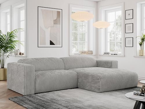 MKS MEBLE Ecksofa Cord L-Form, Moderne Wohnlandschaft, Sofagarnitur, Couchgarnitur, Polsterecke - Pasadena - Hellgrau - Rechts
