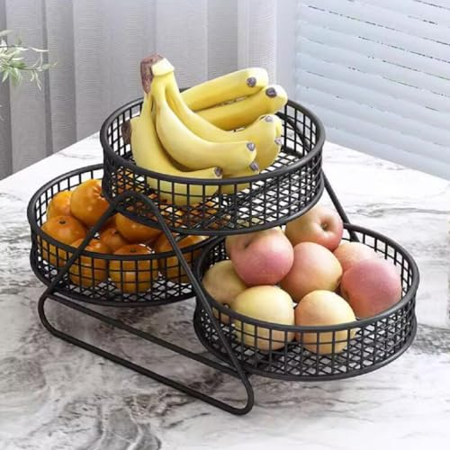 JUNYFFF Corbeille À Fruits 3 Etages - Grande Panier A Etages en Métal - Coupe De Fruit Design – Corbeille Table Legumes Fraîcheur – pour Fruits, Panier De Stockage pour Le Pain Snack,Noir