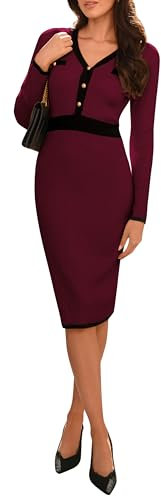 GRACE KARIN Women Slim Bodycon Knitted Dress Long Sleeve Button V Neck Midi Sweater Dress Dark Red S