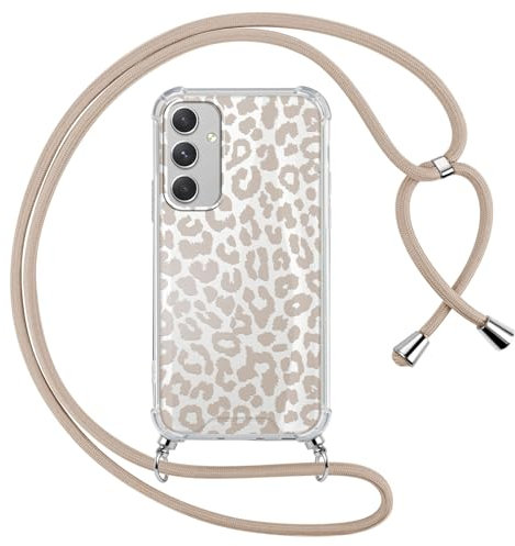 ZhuoFan Handyband Handyhülle für Samsung Galaxy A55 5G Hülle mit Band, Transparent Aesthetic Leopard Muster Schutzhülle Silikon + Schwer PC mit Kordel zum Umhängen Necklace Lanyard Bumper Case, 01
