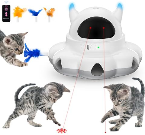 Cosicosy 2-in-1 Interactive Cat Toys for Indoor Cats, Automatic Cat Toy with 7 Holes Mice Whack A Mole Moving Feather, Red Dot & Star Pointer Kitten Toys, Smart cat toy with remote control, White