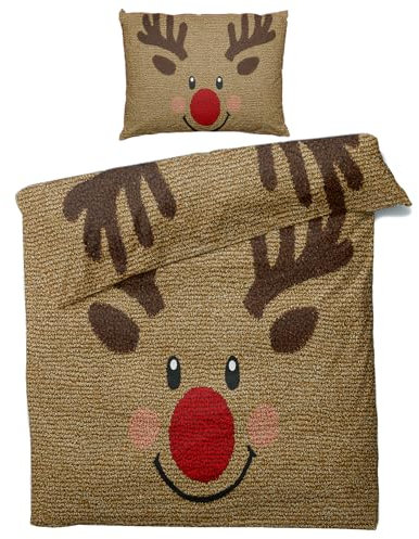 Weihnachten Bettwäsche 135x200 - Kinder Rentier Bettbezug 135 x 200 2er Set, Weiche & Angenehme Mikrofaser Bettbezüge & Kissenbezug 80x80, Bettwäsche-Sets mit Reißverschluss J#-44