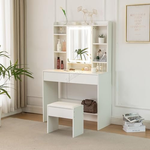 WestWood Dressing Makeup Table Set with Large Tabletop and Stool Wooden White Vanity Ample Jewelry Bags Easy-to-Clean Multiple Adjust Shelves Hidden Storage Drawer Mirror Cabinet Adjustable LED Light
