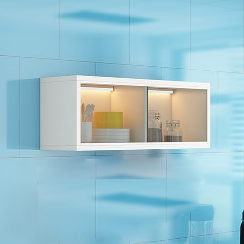 Meuble de rangement mural en bois massif avec portes coulissantes en verre à gauche et à droite avec capteur de lumière blanche pour salle de bain ou chambre à coucher.