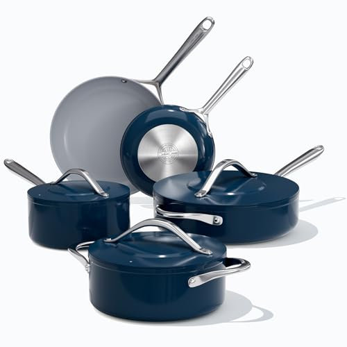 CookinCraze Ceramic Nonstick Pots and Pans Set 8-Piece Cookware Set - Non-Toxic & PTFE/PFOA/PFAS Free, Induction Compatible, Oven & Dishwasher Safe to 500°F, Navy Blue