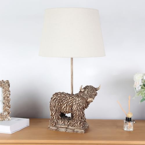 DEENZ Highland Cow Table Lamp Or Bedside Light with Oatmeal Linen Fabric Shade Resin Animal Led Compatible Home Decor