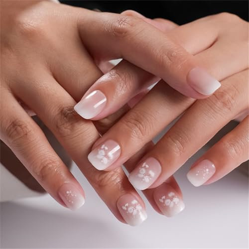 MZRAN Lot de 24 faux ongles courts à bout français avec motifs floraux semi-transparents carrés à coller sur les ongles pour femme