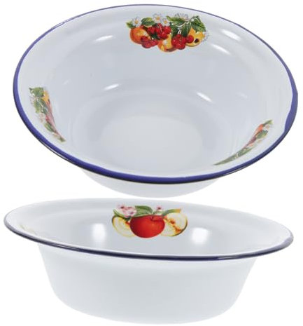 Cabilock 2pcs Retro Enameled Bowl, Vintage Soup Basin with Anti-Skid Base, Household Multifunctional Kitchenware Enamelware for Dough Mixing BBQ Fruit Serving