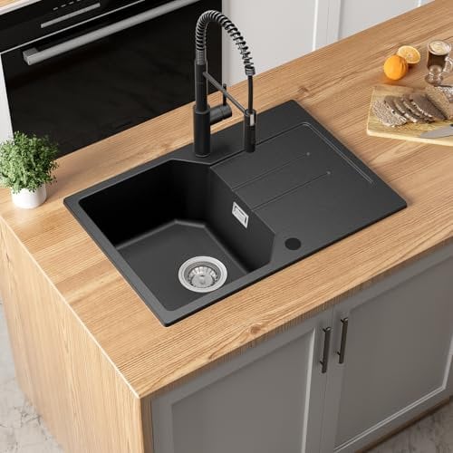 ANYCEE 65x45cm Fregadero Cocina 1 Seno con Escurridor, Fregadero Granito Negro para Armario bajo de Más de 40cm, Fregadero Negro 1 Seno con 80% de Arena de Cuarzo, Desbordamiento y Sifon