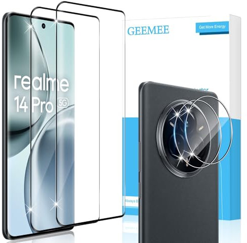 GEEMEE 2+2 Piezas Protector de Pantalla para Realme 14 Pro 5G y Protector de Lente de Cámara, 9H Dureza HD Cristal Templado Anti-Arañazos Vidrio Templado Protectora