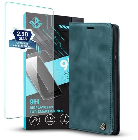 LBH Handyhülle kompatibel mit Apple iPhone 15 in Petrol Blau mit Displayglas Karten- und Geldfach Smartphone Hülle mit Standfunktion Flip Case Schutzhülle Magnetverschluss Vintage