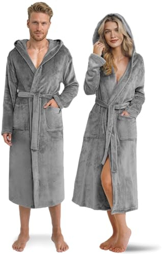 Twinzen Damen & Herren Kuschelfleece Morgenmantel mit Kapuze XL - Grau - Weich, Warm & Bequem - Öko-Tex Standard 100 zertifiziert