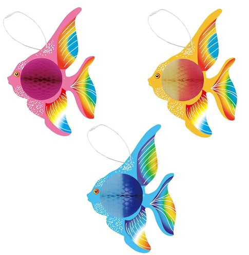 3 Rainbow Fish Honeycomb Hanging Decorations, Tropical Decorations for Hawaiian Party Accessories, Garden Party Decorations, Beach Accessories for Children