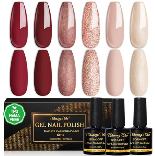 Shining She UV Nagellack, 6 Farben HEMA-Free TPO-Free Gel Nagellack Nude Beige Rot Burgunder Glitzer Champagner Soak-Off UV Gel Nail Polish Winter für Anfänger Maniküre Salon DIY zu Hause, 8ML