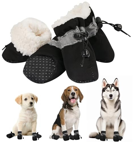 Hundeschuhe Winter, Plüsch Hundeschuh Pfotenschutz, Rutschfest Hunde Schuhe Winter Outdoor, Dog Shoes mit Reflektierendem Streifen, für Kleine-Mittlere Hunde Sport im Freien (Schwarz-Size 3)