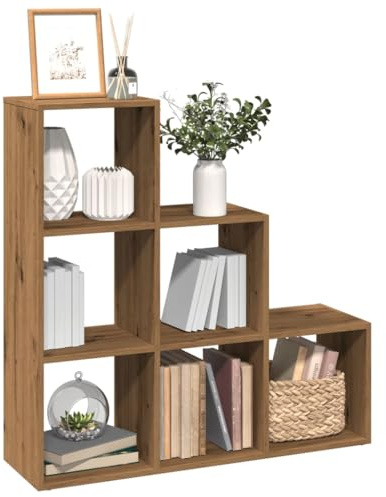 Mhdvray Bücherregal 3 Etagen in Artisan-Eiche 99x29x99 cm Raumteiler Würfelregal aus Holzwerkstoff mit 6 Fächern Modernes Treppen-Design für Wohnzimmer Büro Schlafzimmer