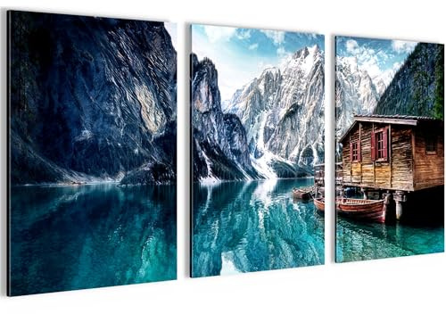 Novart Bilder Set Landschaft - KEIN EXTRA RAHMEN BENÖTIGT - Wandbilder für Wohnzimmer Schlafzimmer Büro - 3 Teilig Deko Bergsee - N044236b