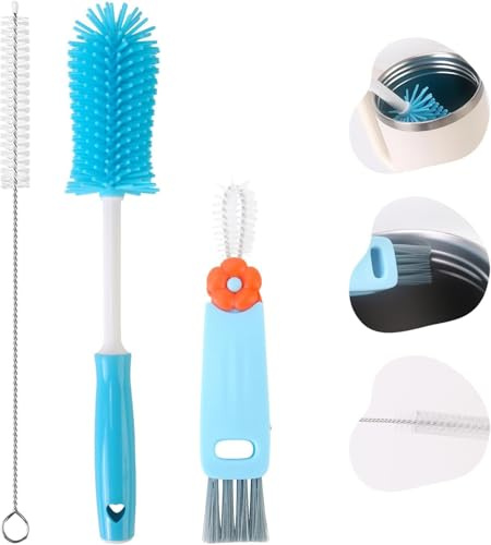3-in-1 Silicone Long Handle Bottle Brush Set，3 Pcs Non-Scratch Portable Bottle Gap 11.7 Inch Long Handle Brush & Straw Cleaner，for reusable straw cups, water bottles, mugs, baby bottles, wine glasses