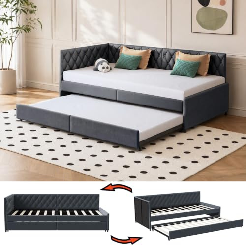 FUCMKON Schlafcouch Ausziehbar 90/180x200cm,Tagesbett 90x200,Sofa Bed Zum Ausziehen,Schlafsofa Bettrahmen,2 Sitzer,mit Lattenrost,Samt,Ohne Matratze (Dunkelgrau I, 90/180x200cm)