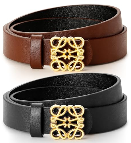 2Pcs Gürtel Damen mit Goldschnallen, Breite 2.3CM, Verstellbarer Ledergürtel Damen Gürtel Mode Damengürtel für Jeans Kleider Hosen, Dupes Taillengürtel Geschenke für Frauen,Länge 102CM,Schwarz+Braun