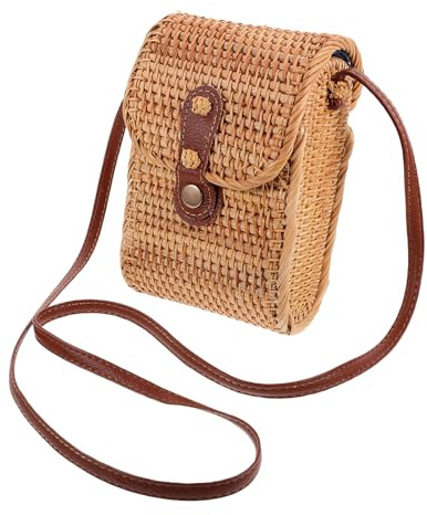 UKCOCO Rattan Umhängetasche Damen aus Natur Rattan mit Klappdeckel Handgewebte Schultertasche für Sommer Strand und Freizeit